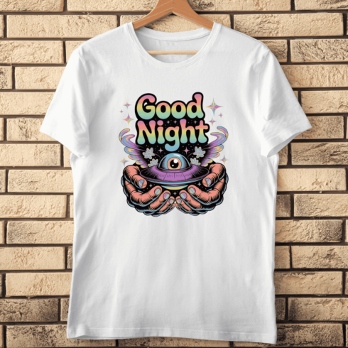 Good Night Text with UFO and Cosmic Hands T-Shirt Design cover image.