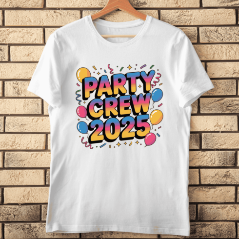Party Crew 2025 Gradient Typography T-Shirt Design cover image.