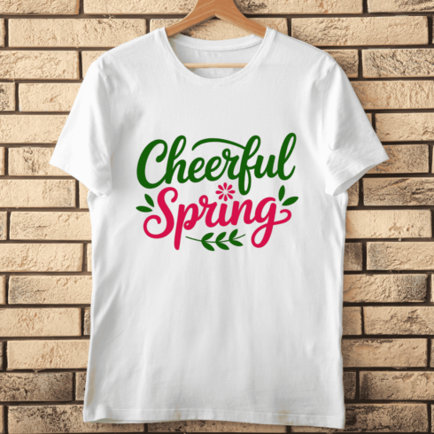 Green and Pink Cheerful Spring Script Text T-Shirt Design cover image.