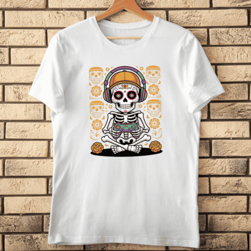 Dia de Muertos Skeleton with Marigolds T-Shirt Design cover image.