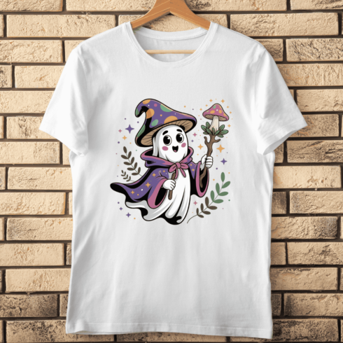 Whimsical Ghost in Psychedelic Mushroom T-shirt Design cover image.