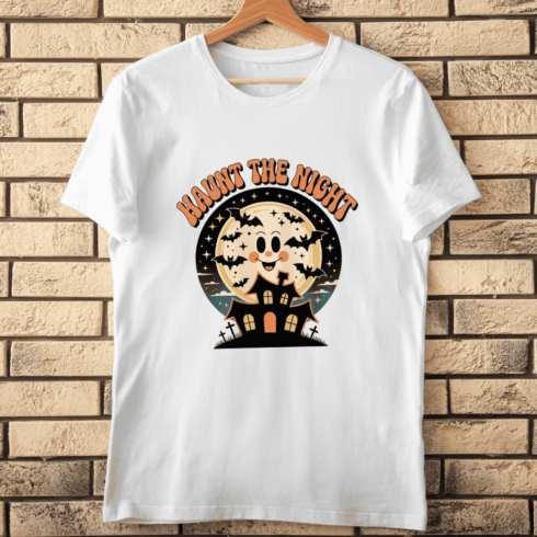 Retro Groovy Smiling Moon and Haunted Mansion T-shirt Design cover image.