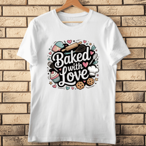 Baking Love Typography with Kitchen Tools T-Shirt Design cover image.