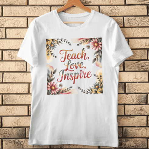 Teach Love Inspire Floral Wreath Quote T-Shirt Design cover image.
