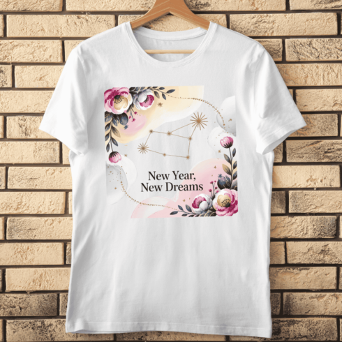 Watercolor Florals New Year Text with Gold Stars T-shirt Design cover image.
