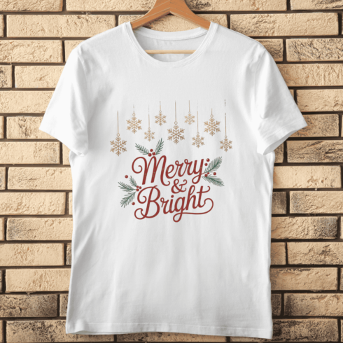 Vintage Merry and Bright with Hanging Snowflakes T-shirt Design cover image.