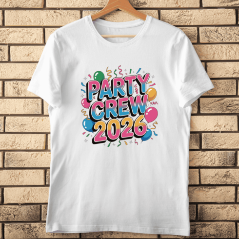 Party Crew 2026 Gradient Text with Balloons and Confetti T-Shirt Design cover image.