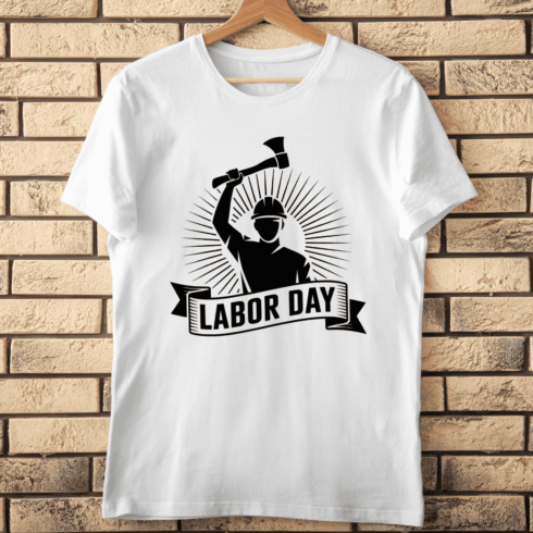Labor Day Worker Silhouette with Axe and Sunburst T-Shirt Design cover image.