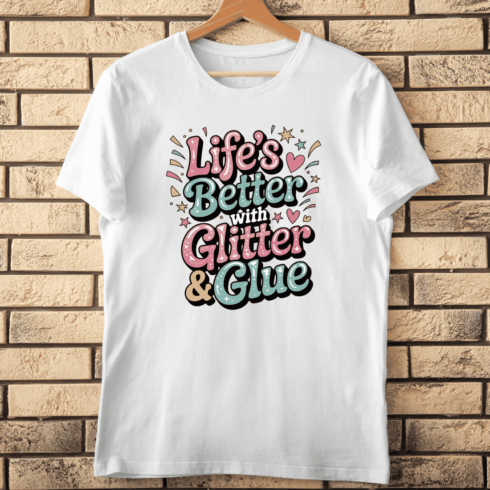 Glitter and Glue DIY Art T-Shirt Design cover image.