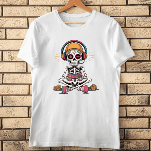 Retro Sugar Skull with Vibrant Controller T-Shirt Design cover image.