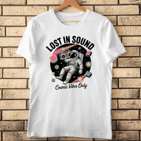 Lost in Sound Astronaut with Boombox T-Shirt Design cover image.