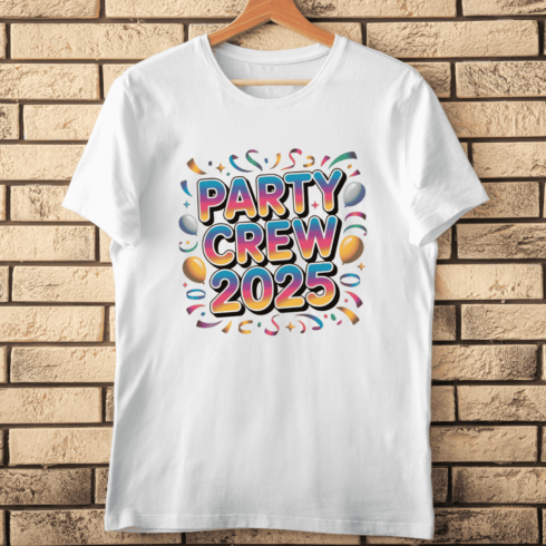 Retro 3D Text Party 2025 with Bright Colors T-Shirt Design cover image.