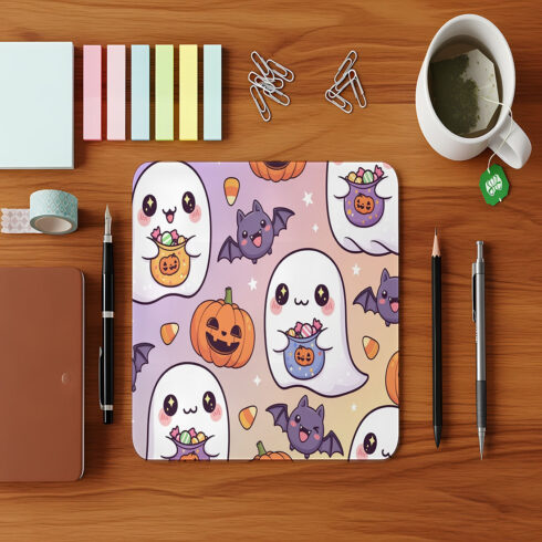 Halloween desk setup cute ghost bat pumpkin kawaii stationery office supplies mouse pad mockup cover image.