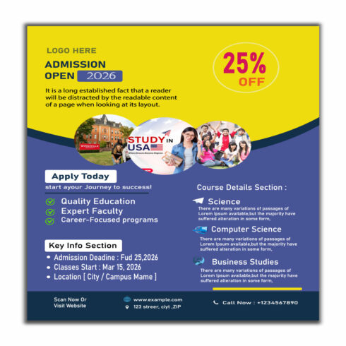 Creative admission flyer template, modern design, vibrant colors, clean layout, school, college, enrollment, courses, workshops, educational promotion cover image.