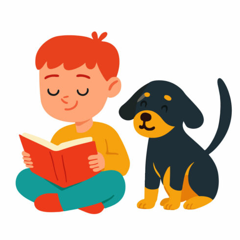“Boy Reading a Book with His Loyal Dog Sitting Beside Him in a Cozy, Peaceful, Imaginative, and Heartwarming Scene of Friendship and Learning” cover image.