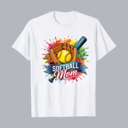 Colorful Softball Mom T-Shirt Design with Glove, Bat and Ball – Sports Mom Gift T-Shirt Design PNG cover image.