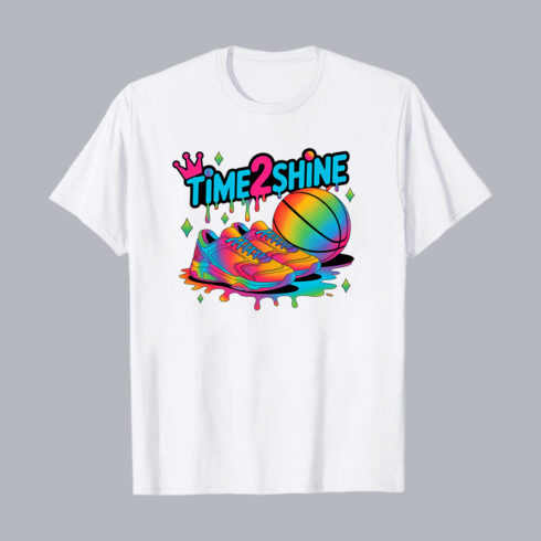 Time 2 Shine Basketball T-Shirt – Colorful Sneaker and Ball Design for Players T-Shirt Design PNG cover image.