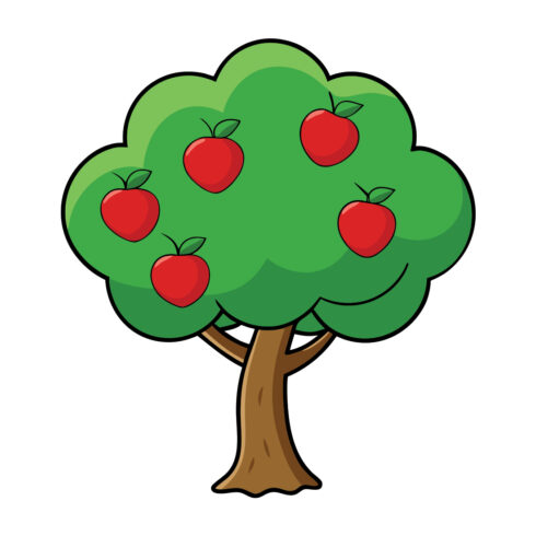 Cartoon apple tree illustration for kids learning about fruits and nature with red apples and green leaves cover image.