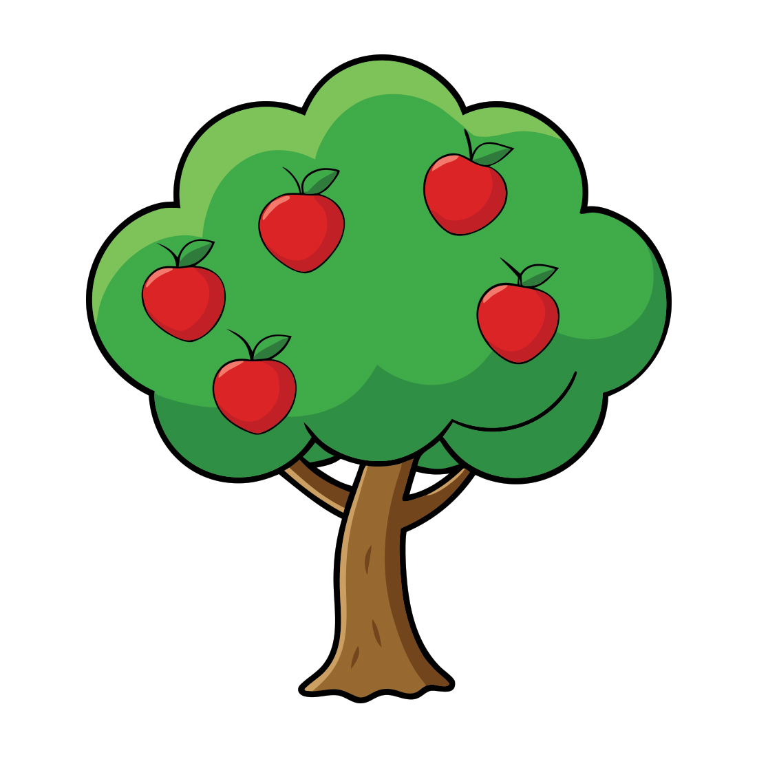 Cartoon apple tree illustration for kids learning about fruits and nature with red apples and green leaves cover image.