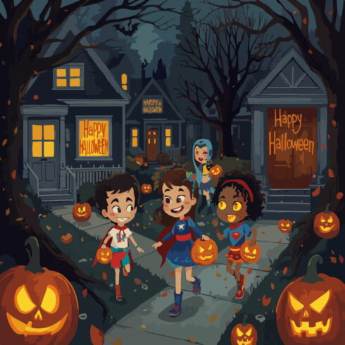 Halloween, vector, spooky, pumpkins, ghosts, bats, black cats, witches, haunted house, spiders, horror, celebration, festive, illustration, design cover image.