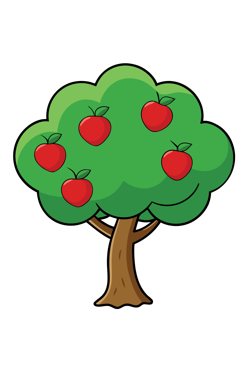 Cartoon apple tree illustration for kids learning about fruits and nature with red apples and green leaves pinterest preview image.