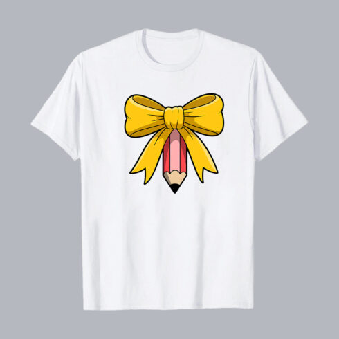 Cute Pencil with Yellow Bow T-Shirt – Back to School Teacher Shirt T-Shirt Design PNG cover image.