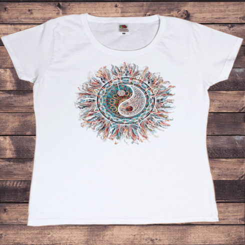 mandala combining Yin Yang symbols T-shirt white cover image.