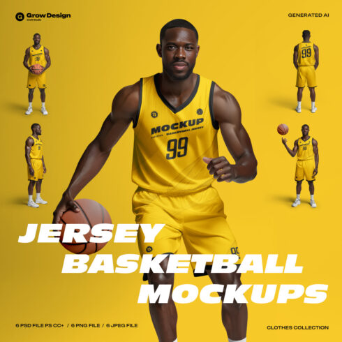 6 Basketball Jersey Mockups on a Dark-Skinned Model Generated AI cover image.