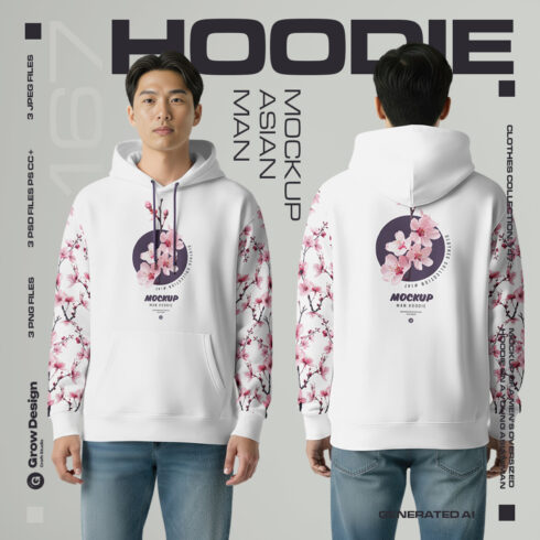 3 Oversized Hoodie Mockups on Asian Man Vol01 Generated AI cover image.