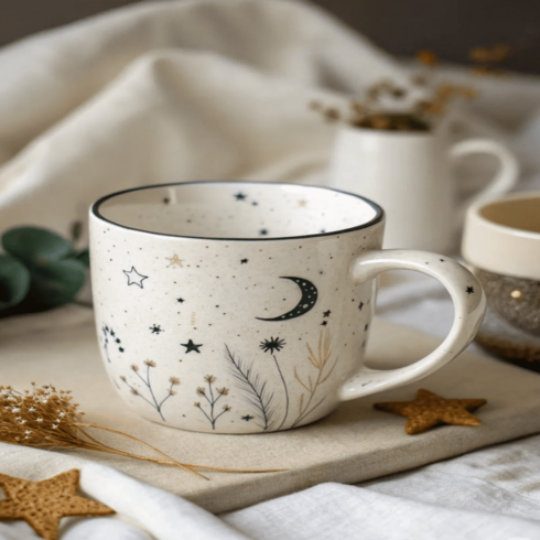 ceramic cup with moon, stars and plants motifs coffee mockup cover image.