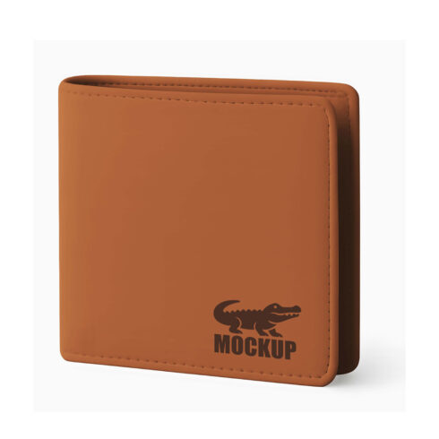 Mockup Leather Bi Fold Wallet Isolated On White Background Brown Tan Color For Luxury Accessories Branding And Mens Fashion cover image.