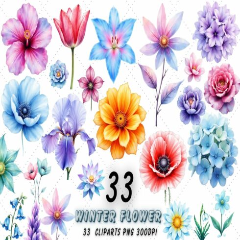 Winter Flower Watercolor Clipart Bundle | Frosted Floral PNG cover image.