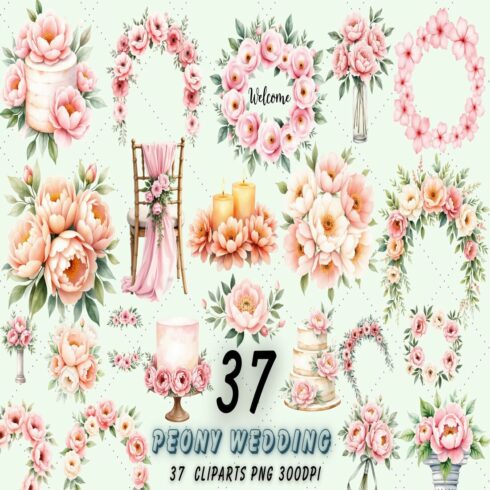 Romantic Peony Wedding Clipart Bundle, Peony Flowers PNG cover image.