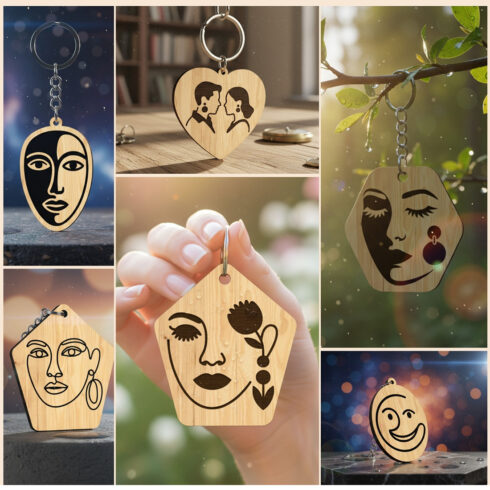 Abstract Face Keychain SVG Bundle - 9 Laser Cut Designs cover image.