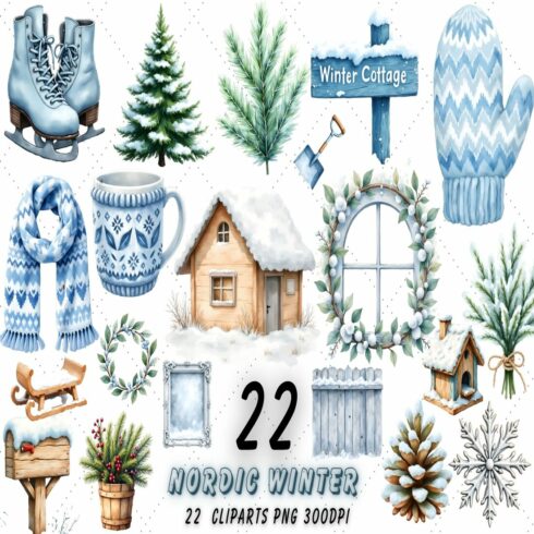 Cozy Nordic Winter Cottage Clipart Bundle, Nordic Winter PNG cover image.