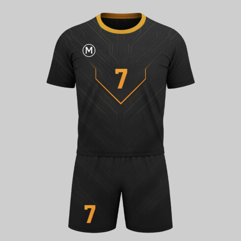Soccer Football Esport Jersey And Short Uniform Mockup Front Back View Black Digital Circuit Pattern With Orange Detail Number Seven cover image.