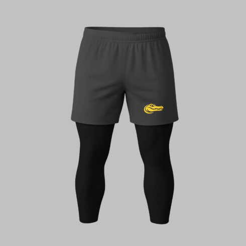 Running Shorts with Compression Tights Mockup Front and Back View on Gray Background Sportswear Apparel Template for Fitness Training and Athletic Team Uniform Design cover image.