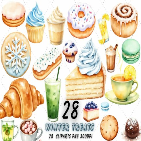 Cozy Winter Treats Watercolor Clipart Bundle | Pastries PNG cover image.