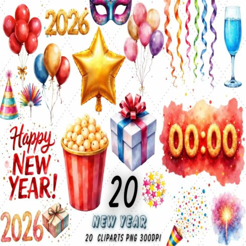 New Year Celebration Clipart Bundle | Party Watercolor PNG cover image.