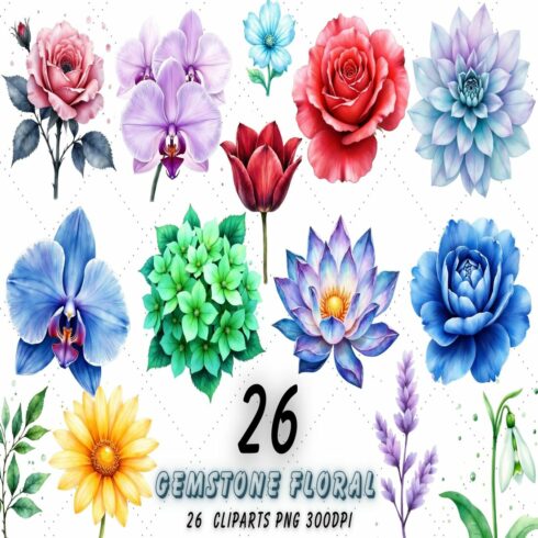 Gemstone Floral Fusion Clipart Bundle | Watercolor Crystal Flowers PNG cover image.