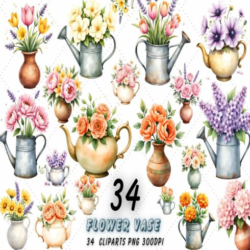 Elegant Watercolor Floral Vase Clipart Collection cover image.