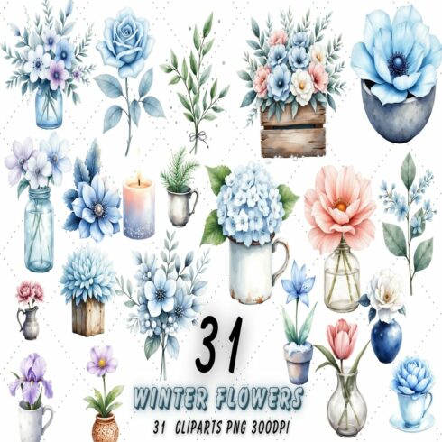 Elegant Winter Flowers Watercolor Clipart Bundle, Winter PNG cover image.