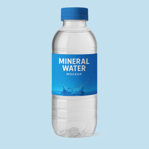 Mockup Small Plastic Mineral Water Bottle With Blue Cap And Label Isolated On Solid Background For Beverage Branding And Product Presentation cover image.