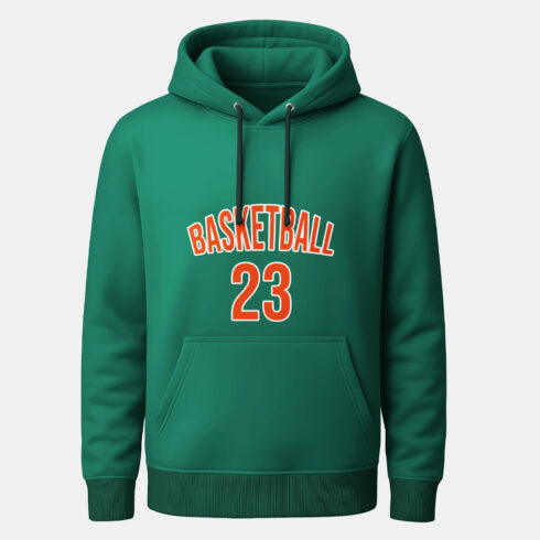 Basketball Hoodie Mockup Front and Back View Green Pullover with Sportswear Design Player Number and Emblem Template for Team Apparel and Athletic Branding cover image.