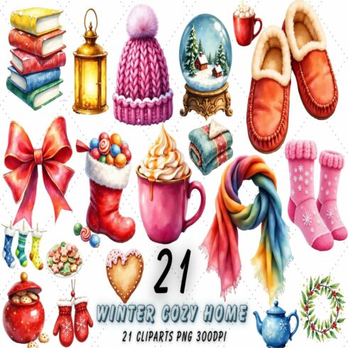 Cozy Winter Home Clipart Bundle | Vibrant Watercolor Glow PNG cover image.