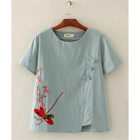 The women’s mandarin‑collar shirt with dragonfly embroidery cover image.