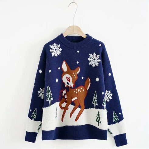 This women’s knitted Christmas sweater cover image.