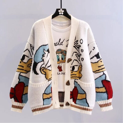 The women’s oversized thick knitted cardigan with cartoon print cover image.