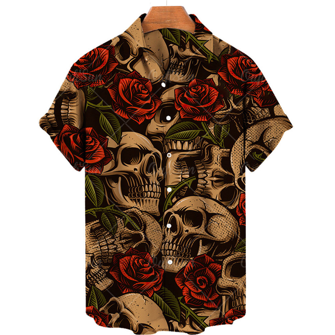 The men’s short‑sleeve shirt with skull and rose motifs preview image.
