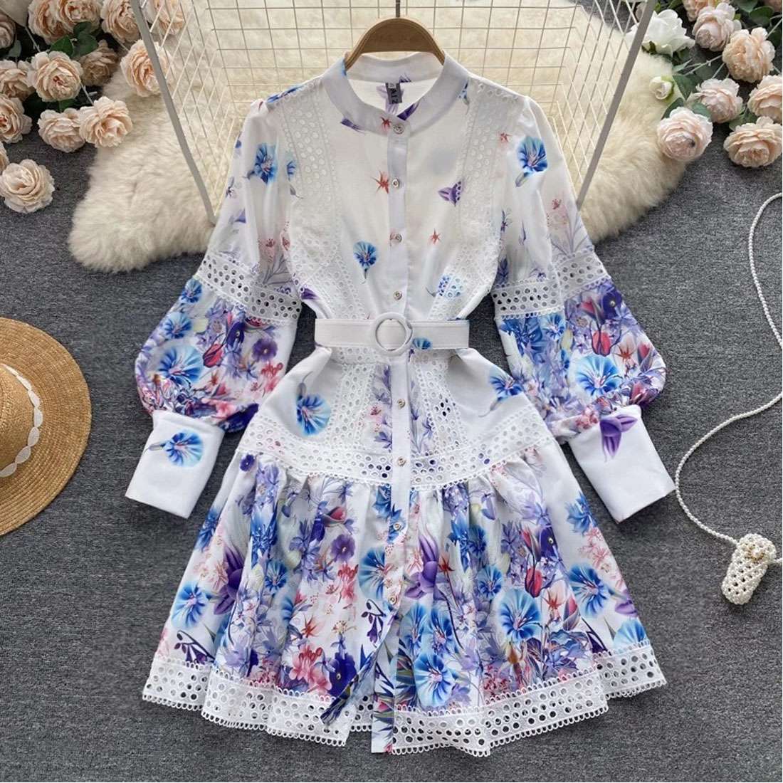 The vintage A‑line dress with long sleeves and a stand collar preview image.